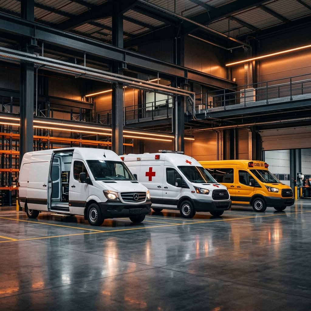 Fleet vehicles in a professional warehouse - ambulance, delivery van, and school transport ready for deployment